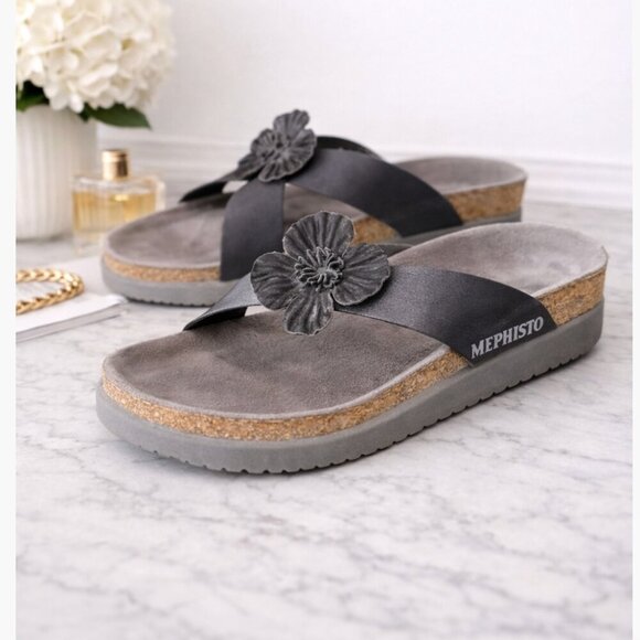 Mephisto Shoes - Mephisto Floral Slide Sandals Black Leather Cork Footbed Size 35